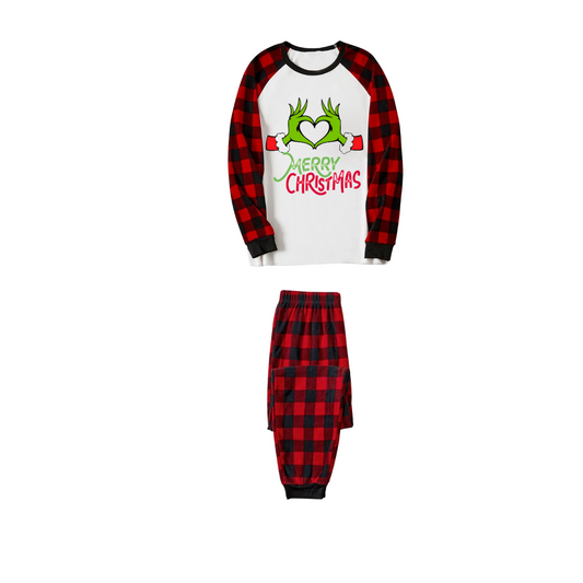 WW | Merry Christmas 2025 Memories Family Pajama Set - White Top, Red Pants, Red Buffalo Plaid Sleeves