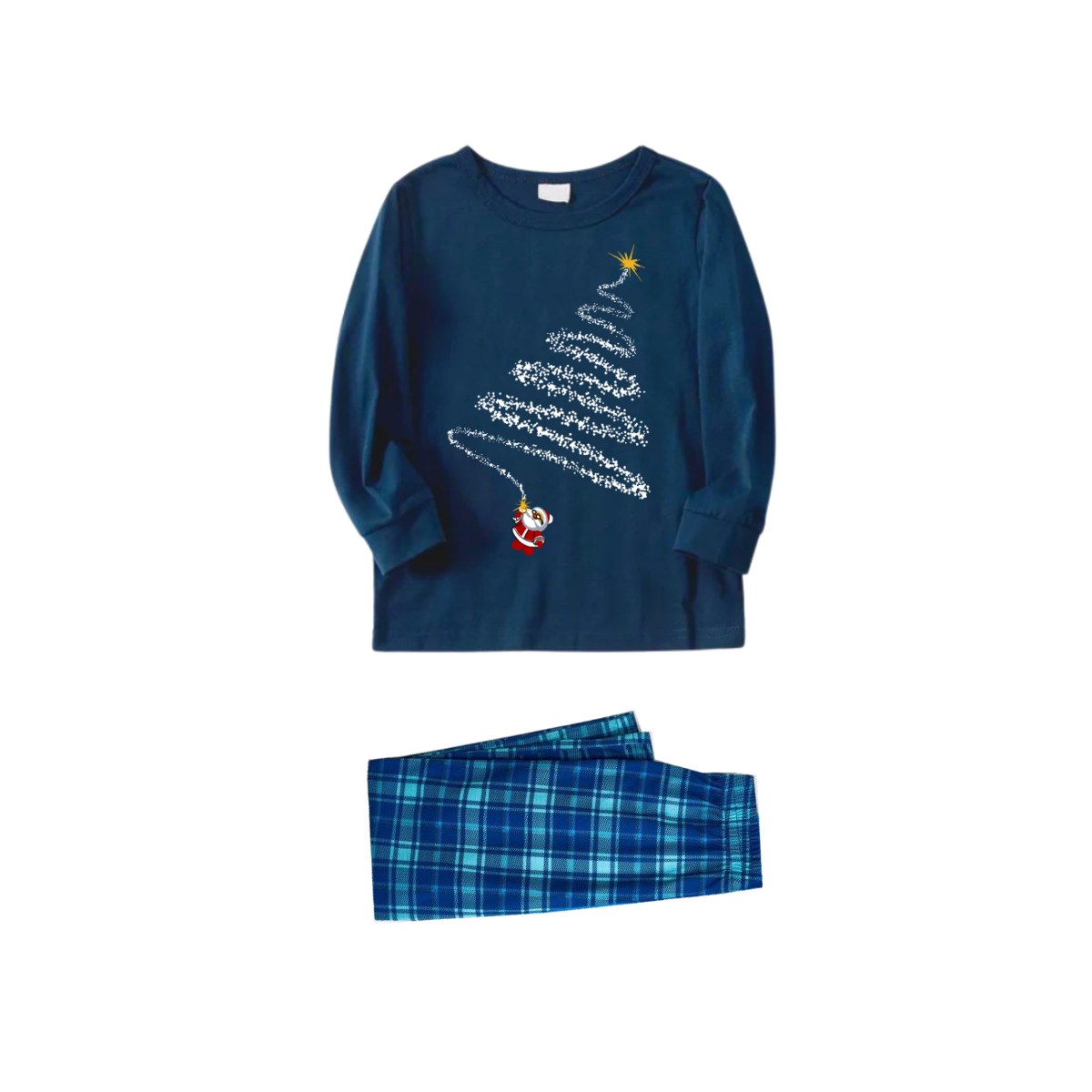 WW | Kids' Santa Claus and Christmas Tree Pattern Blue Long-Sleeve Top with Blue and Green Plaid Matching Family Pajamas and Nightgown