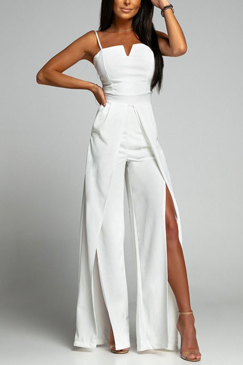 WW | High Waist Slit Flowy Wide Leg Cami Jumpsuit