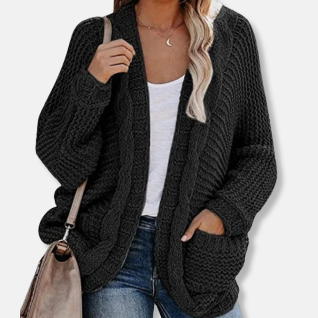 WW | Woll Übergroßer Cardigan - Gerippter Offener Fronttaschen Cardigan
