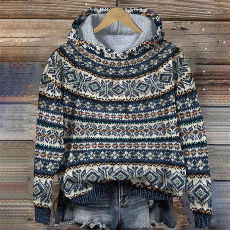WW | Damen Strickhoodie mit norwegischem Muster und Kapuze