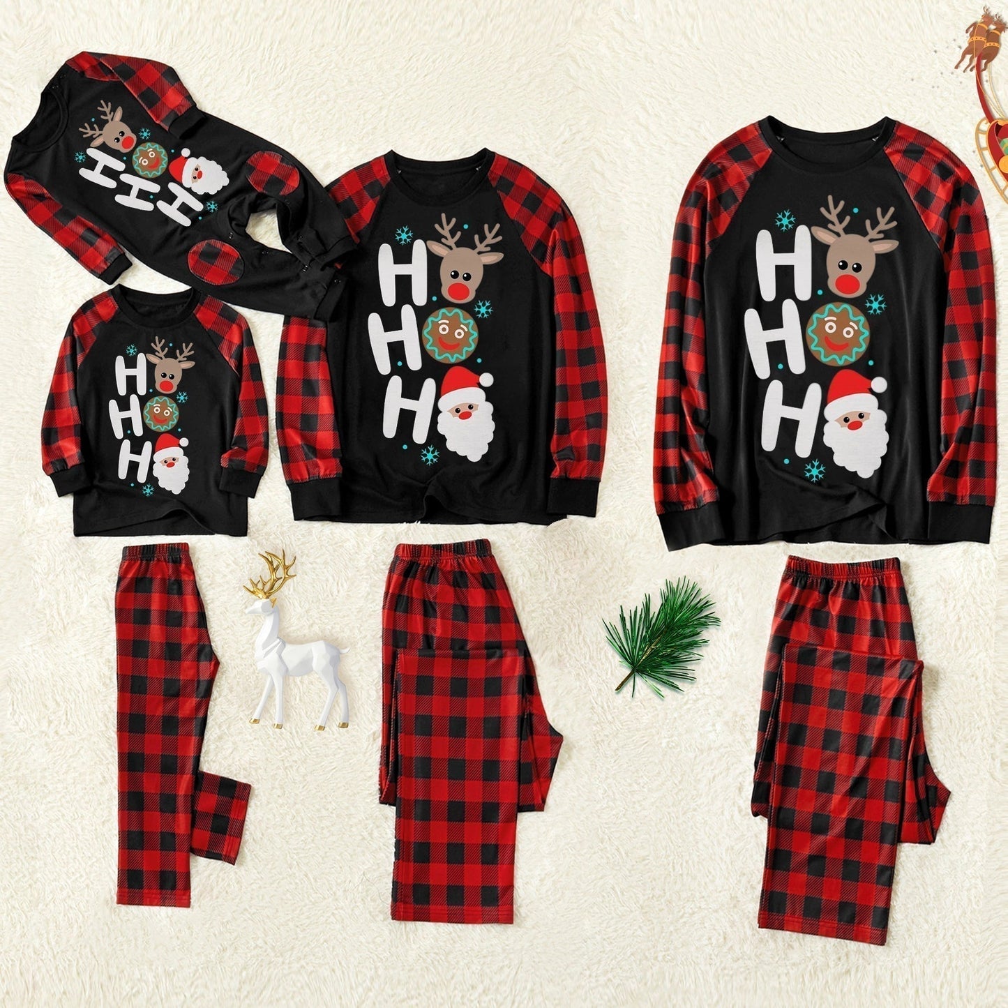 WW | Christmas "Ho Ho Ho" Letter Print Santa Claus & Gingerbread & Elk Pattern Contrast Black Top and Black & Red Plaid Pants Family Matching Pajama Set with Dog Bandana