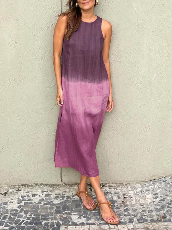 WW | Lange, Ärmellose, Lockere Kleid Aus Baumwolle Und Leinen Mit Gedämpftem Tie Dye Schlitz Für Frauen