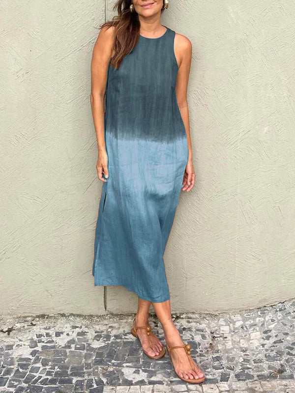 WW | Lange, Ärmellose, Lockere Kleid Aus Baumwolle Und Leinen Mit Gedämpftem Tie Dye Schlitz Für Frauen