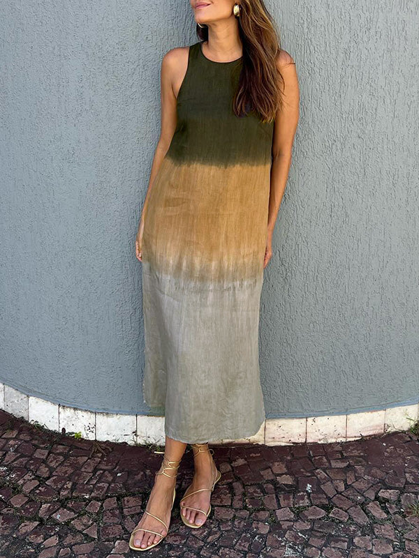WW | Lange, Ärmellose, Lockere Kleid Aus Baumwolle Und Leinen Mit Gedämpftem Tie Dye Schlitz Für Frauen