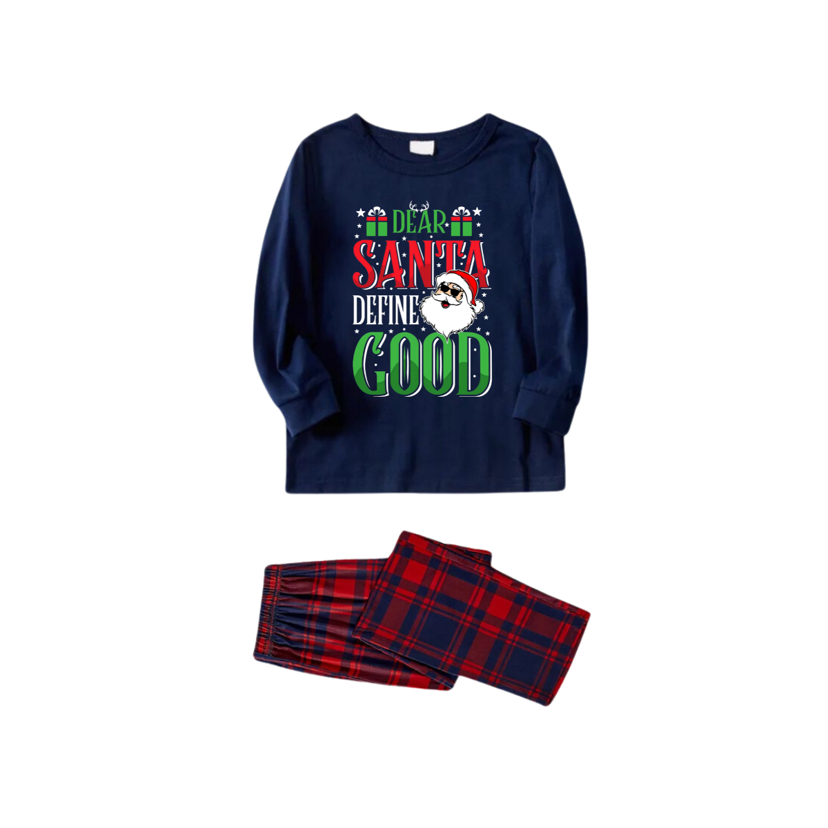 WW | "Dear Santa Define Good" Slogan Printed Red and Blue Plaid Christmas Matching Pajamas