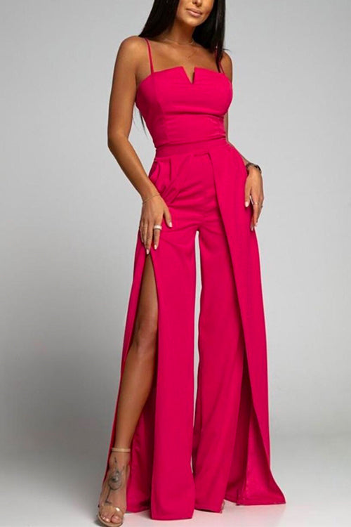 WW | High Waist Slit Flowy Wide Leg Cami Jumpsuit