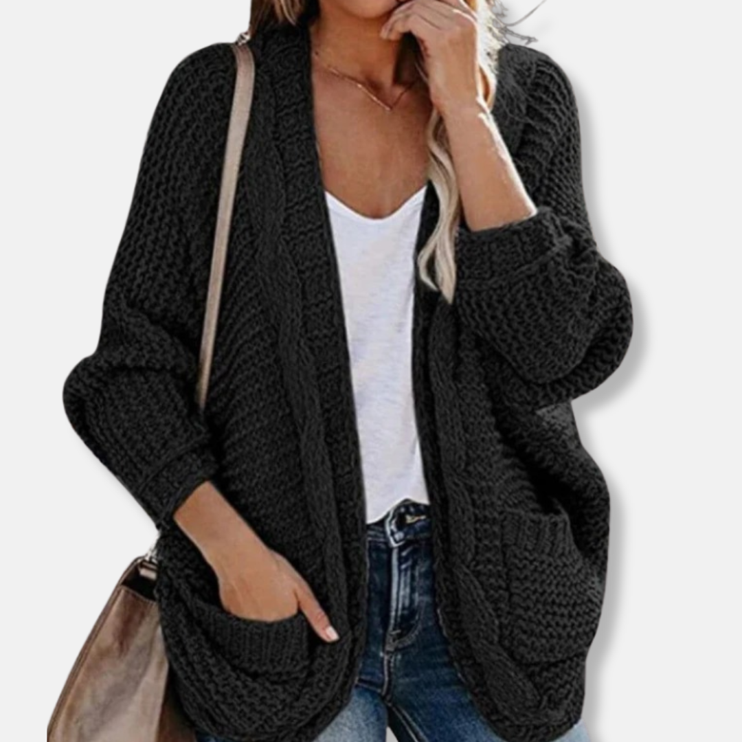 WW | Woll Übergroßer Cardigan - Gerippter Offener Fronttaschen Cardigan