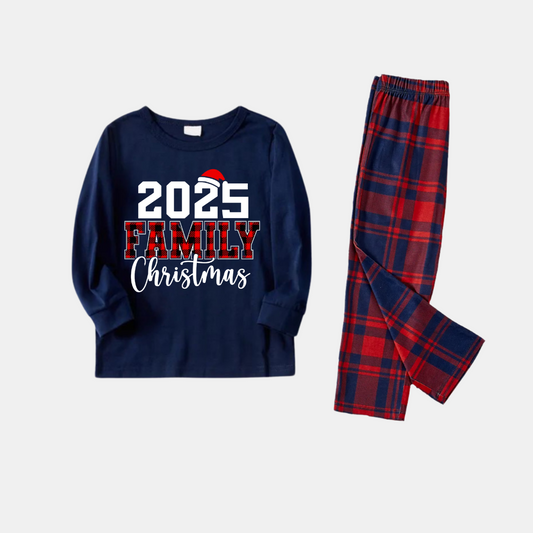WW | "2025 Christmas" Text and Santa Hat Print Blue Long-Sleeved Top with Red and Blue Plaid Pants Matching Christmas Pajamas