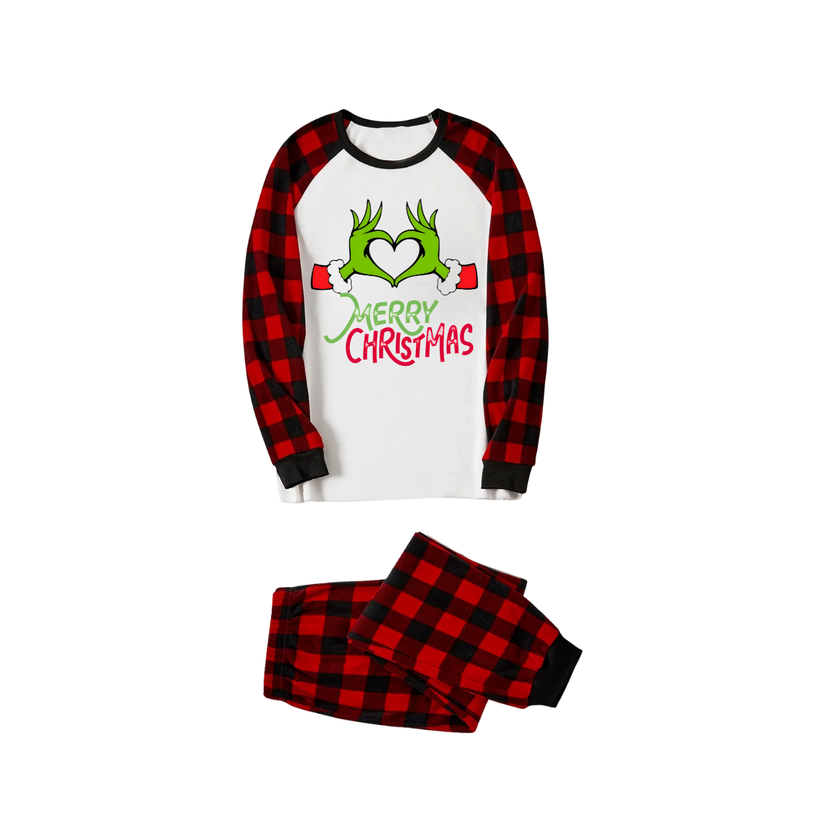 WW | Merry Christmas 2025 Memories Family Pajama Set - White Top, Red Pants, Red Buffalo Plaid Sleeves