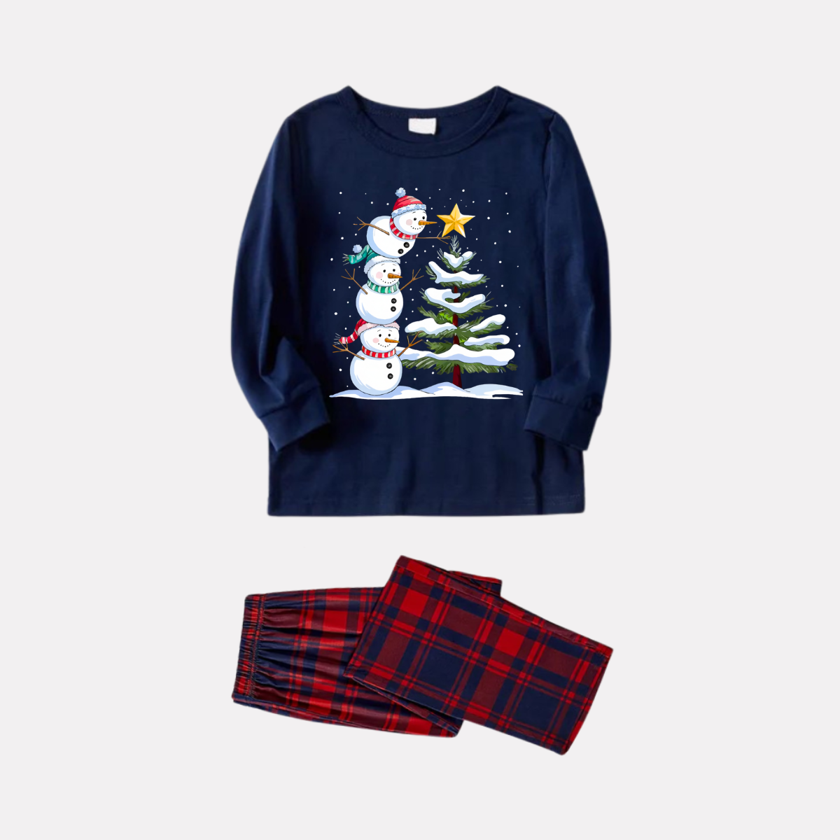 WW | Navy and Red Plaid Christmas Pajama Set with Snowman and Christmas Tree Print