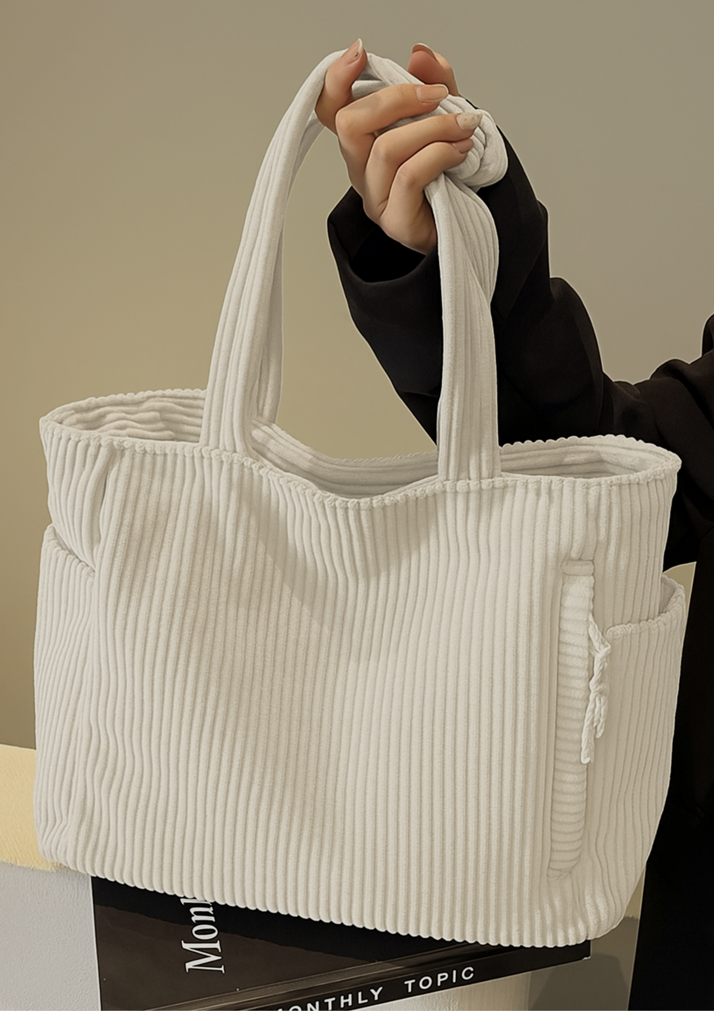 Elaria Ribbed Tote Bag with Drawstring Detail - White