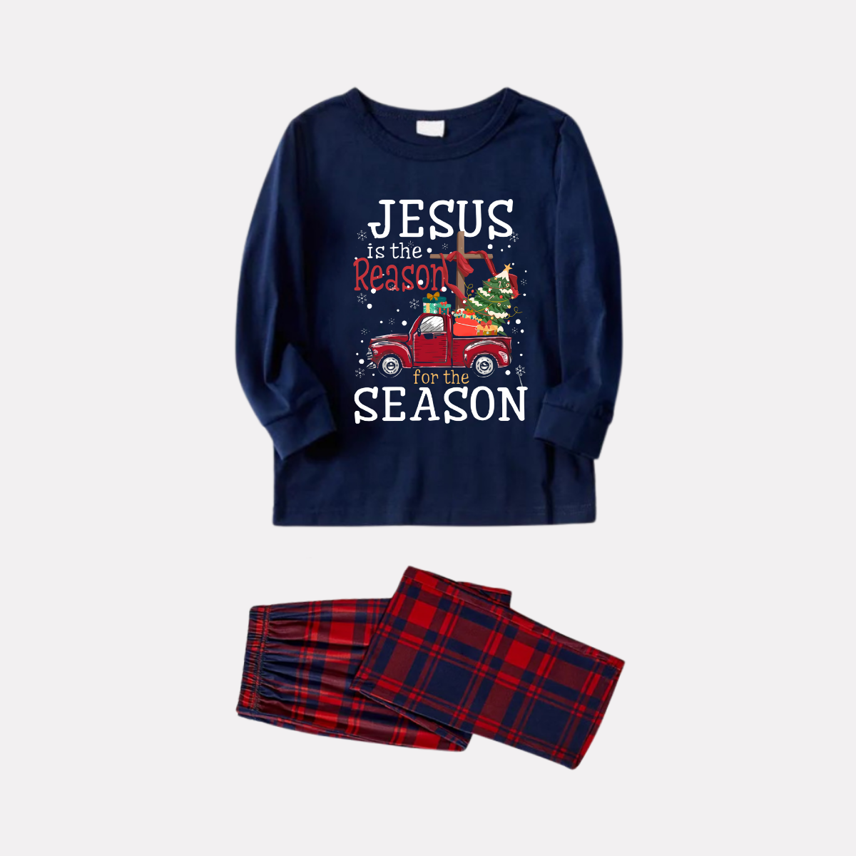WW | Navy & Red Plaid Christmas Pajama Set with "Jesus is the Reason for the Season" Text Print