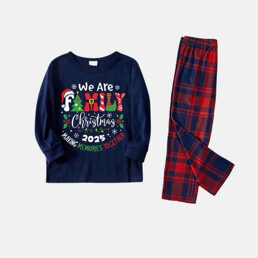 WW | "We Are Family" 2025 Christmas Wreath - Blue Long Sleeve Top with Blue and Red Plaid Family Matching Pajamas