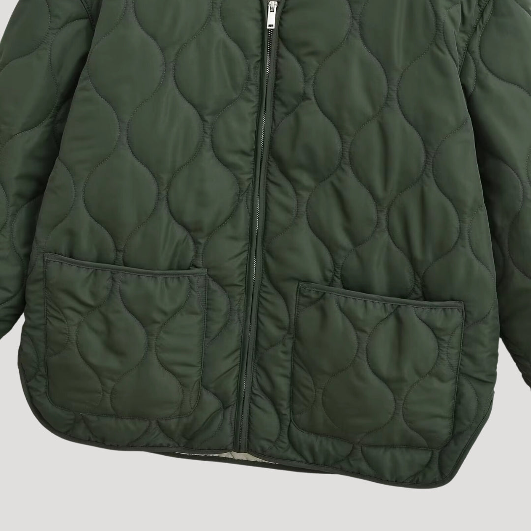 WW | Damen gesteppte oversized grüne Fleece Zip-Up Jacke