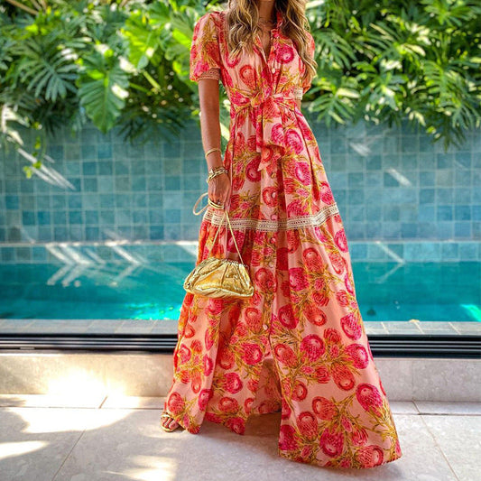 Women's Maxi Dress with Floral Appliqués and Waist Belt WW
