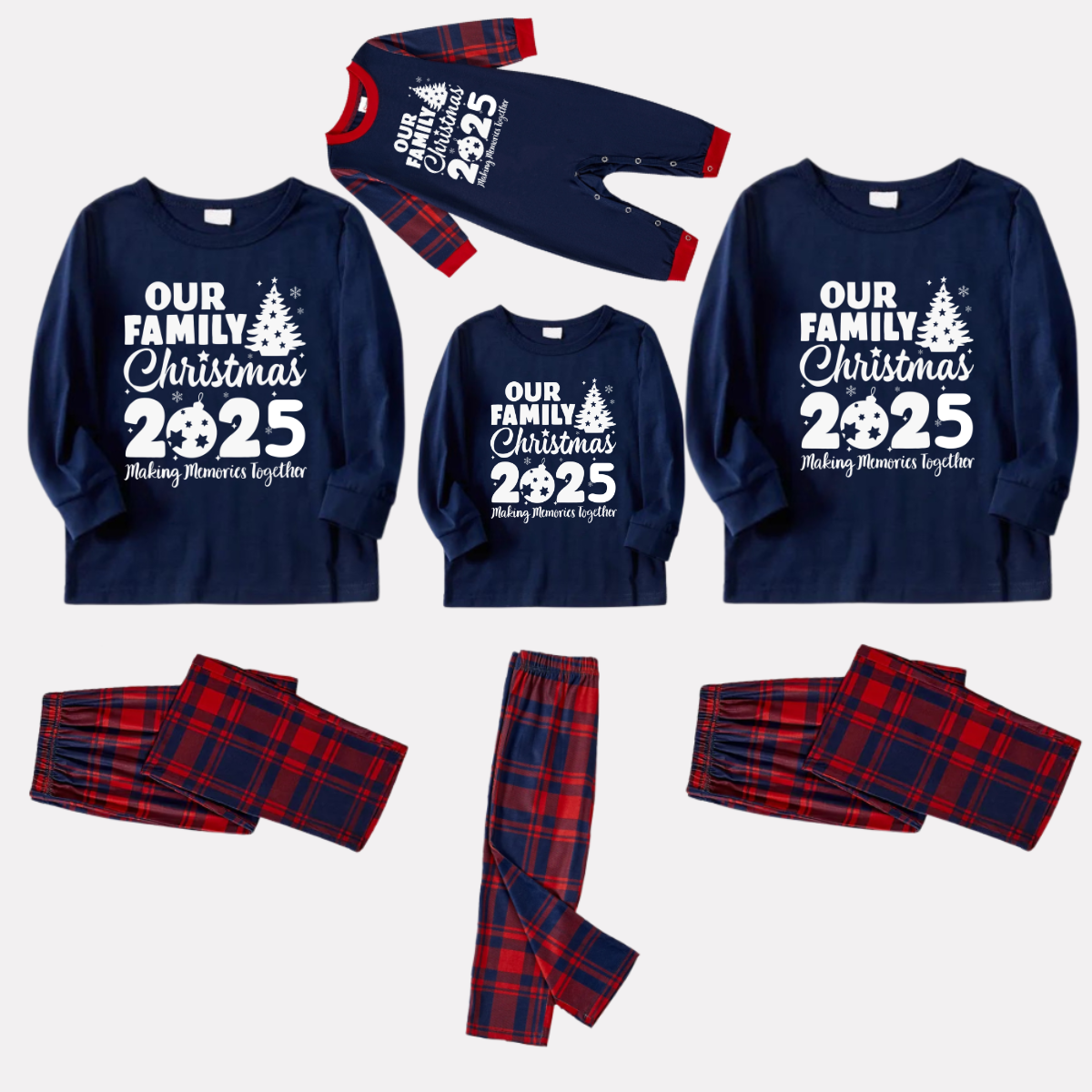 WW | Our Family Christmas 2025 'Making Memories Together' Letter Print Blue Long-Sleeve Top with Red and Blue Plaid Pants Matching Christmas Pajamas