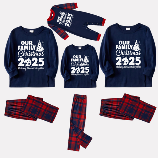 WW | Our Family Christmas 2025 'Making Memories Together' Letter Print Blue Long-Sleeve Top with Red and Blue Plaid Pants Matching Christmas Pajamas
