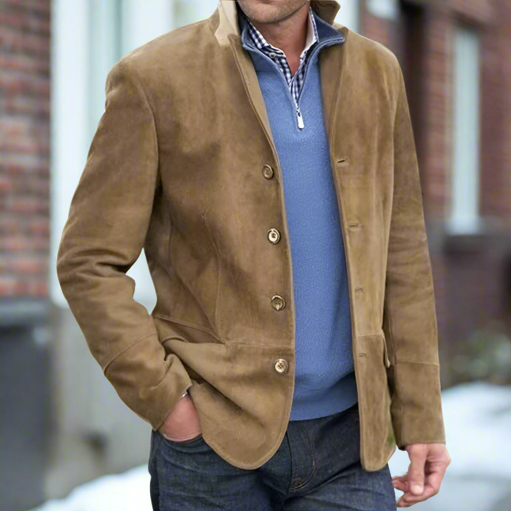 WW | Lederjacke Wildleder Klassischer Schnitt Hoher Kragen Knopfverschluss