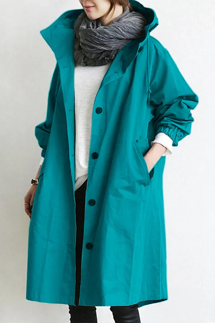 WW | Women's Hooded Trench Coat - Long Transitional Coat with Pockets & Button Closure