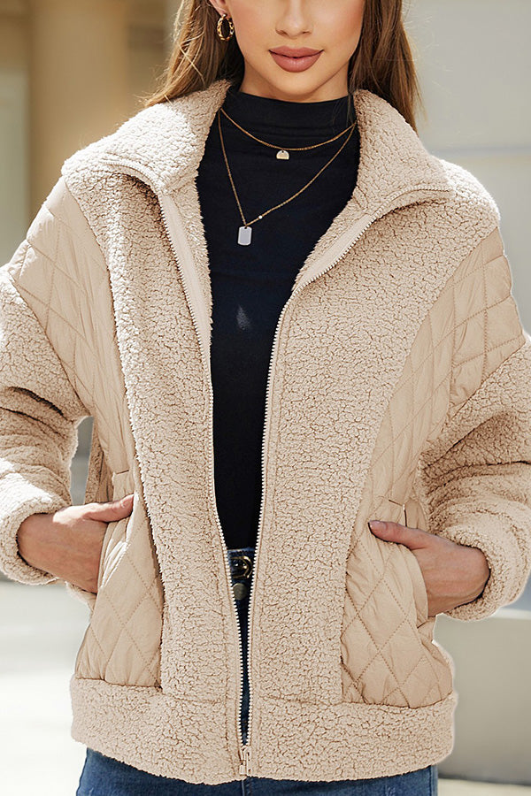 WW | Langarm-Cardigan mit Reißverschluss aus Plüsch-Patchwork Damenjacke