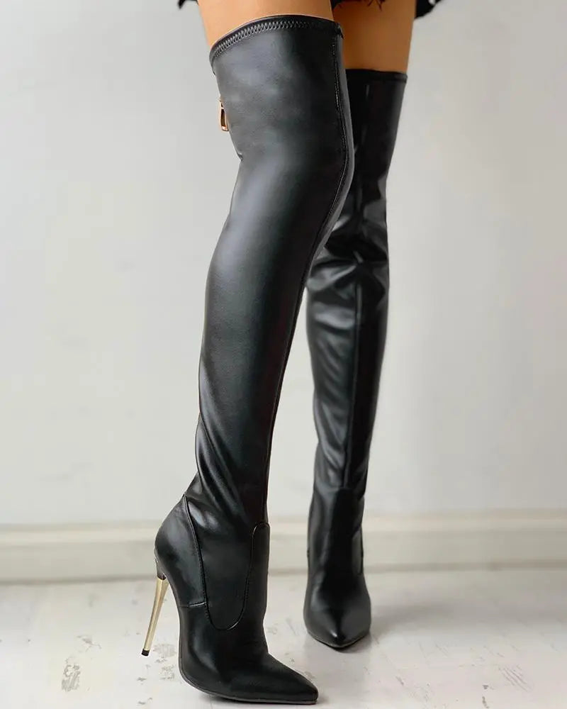 WW | Over-the-knee boots with gold heel and zipper detail