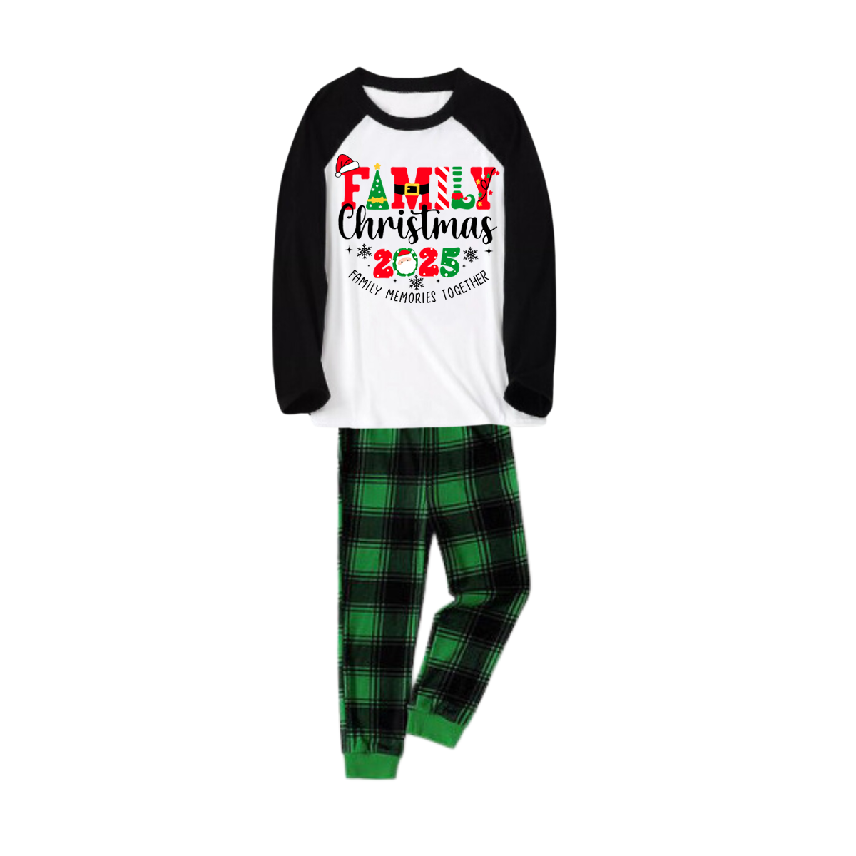 WW | "Family Christmas 2025 Creating Memories Together" Sweet Christmas Elements Printed Green and Black Plaid Christmas Family Pajamas