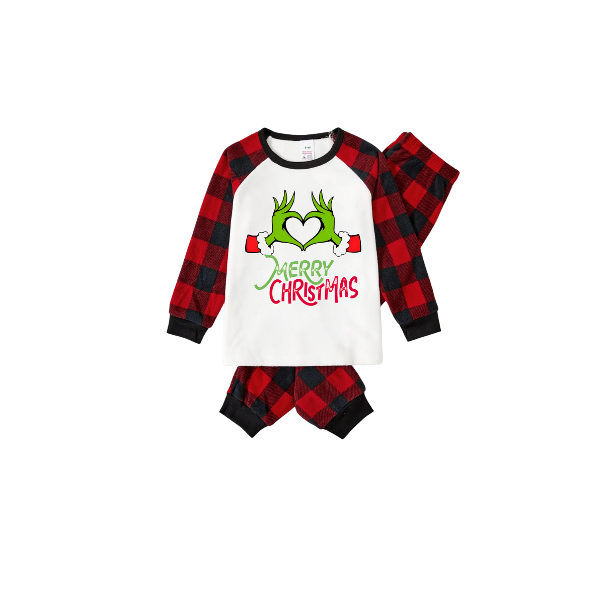 WW | Merry Christmas 2025 Memories Family Pajama Set - White Top, Red Pants, Red Buffalo Plaid Sleeves