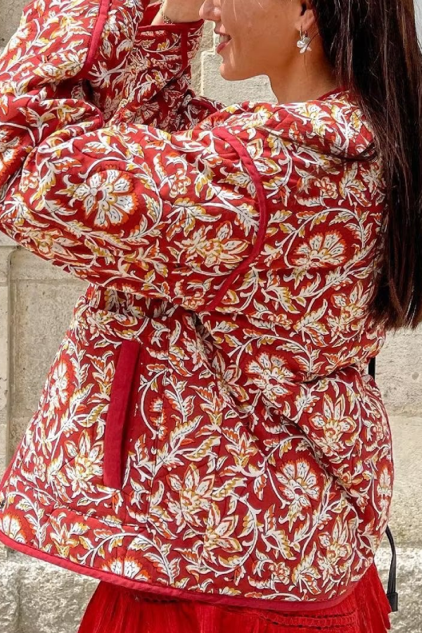 WW | Neck Floral Print Loose Quilted Cotton Jacket