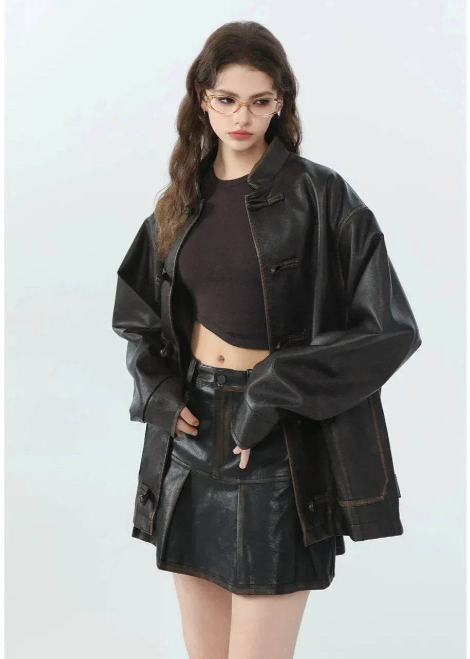 WW | Lässige PU-Lederjacke mit Stehkragen