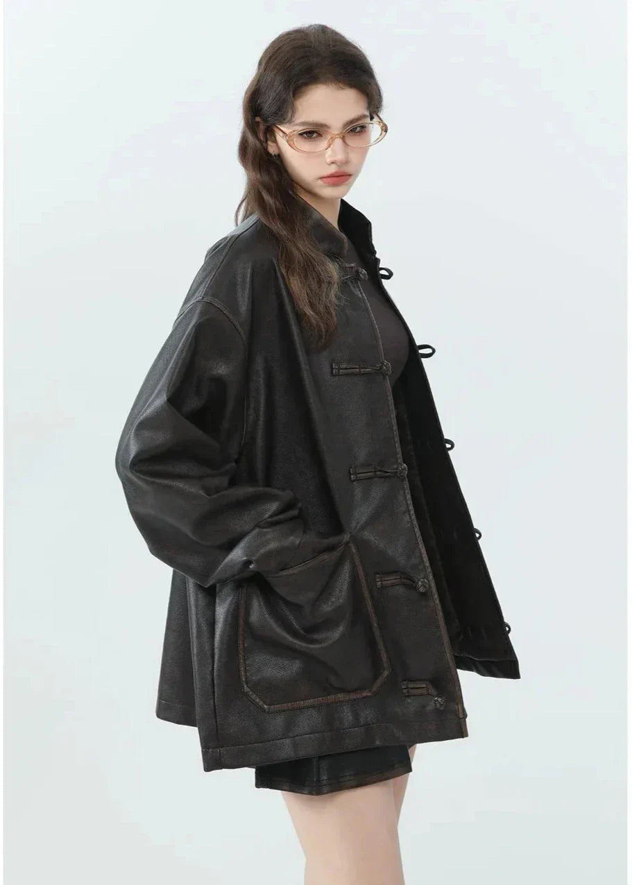 WW | Lässige PU-Lederjacke mit Stehkragen
