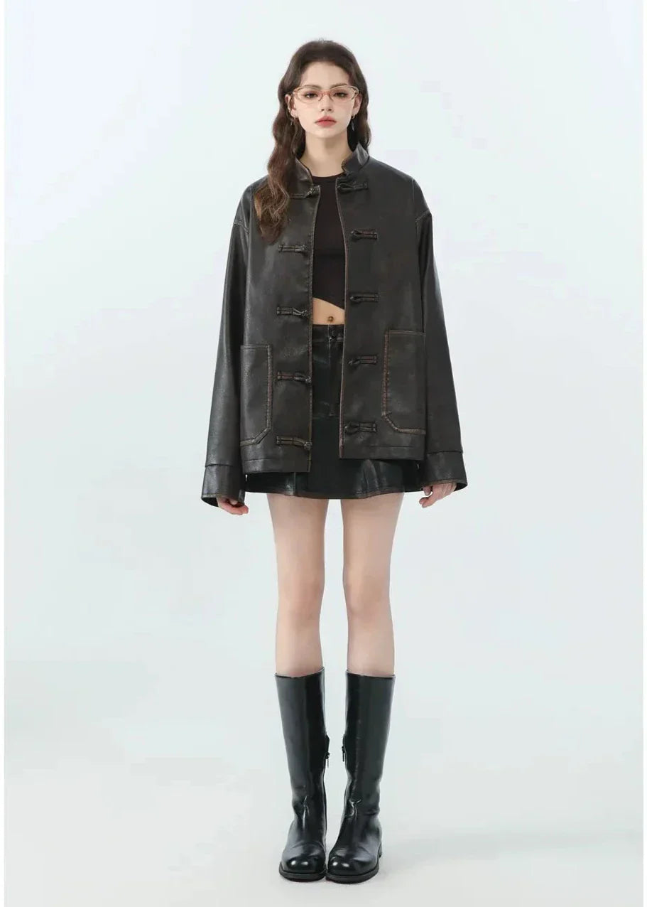 WW | Lässige PU-Lederjacke mit Stehkragen