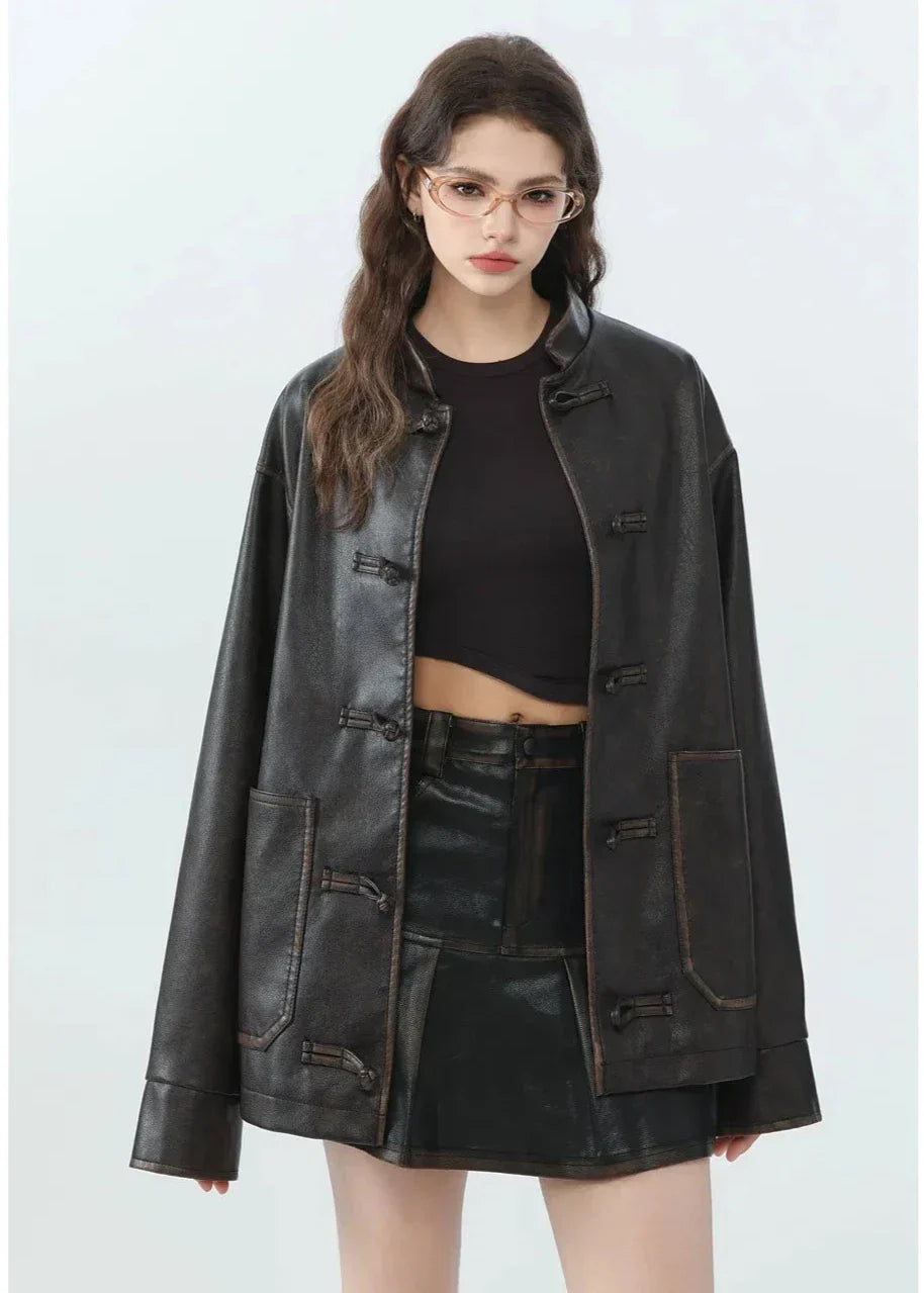 WW | Lässige PU-Lederjacke mit Stehkragen