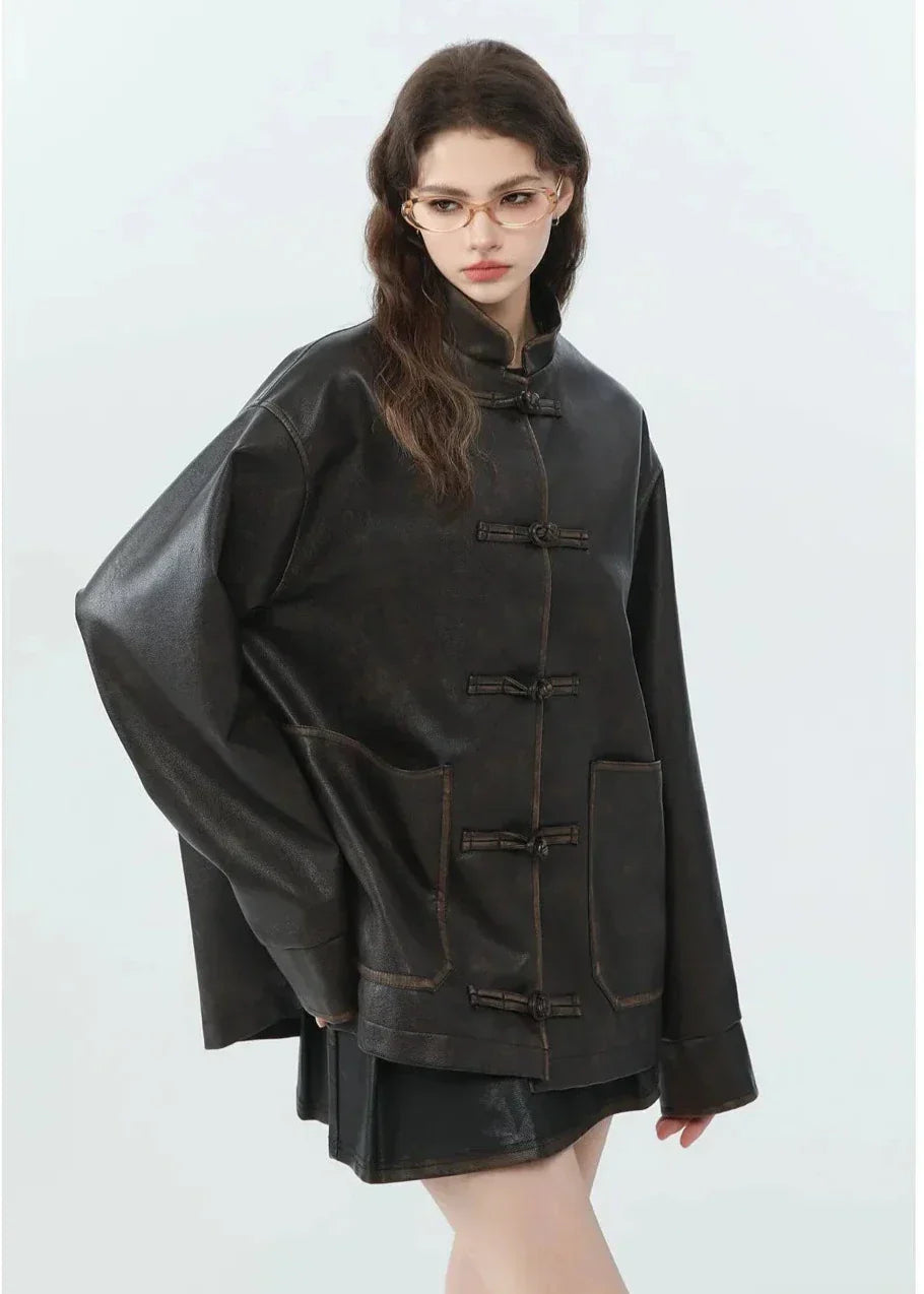 WW | Lässige PU-Lederjacke mit Stehkragen