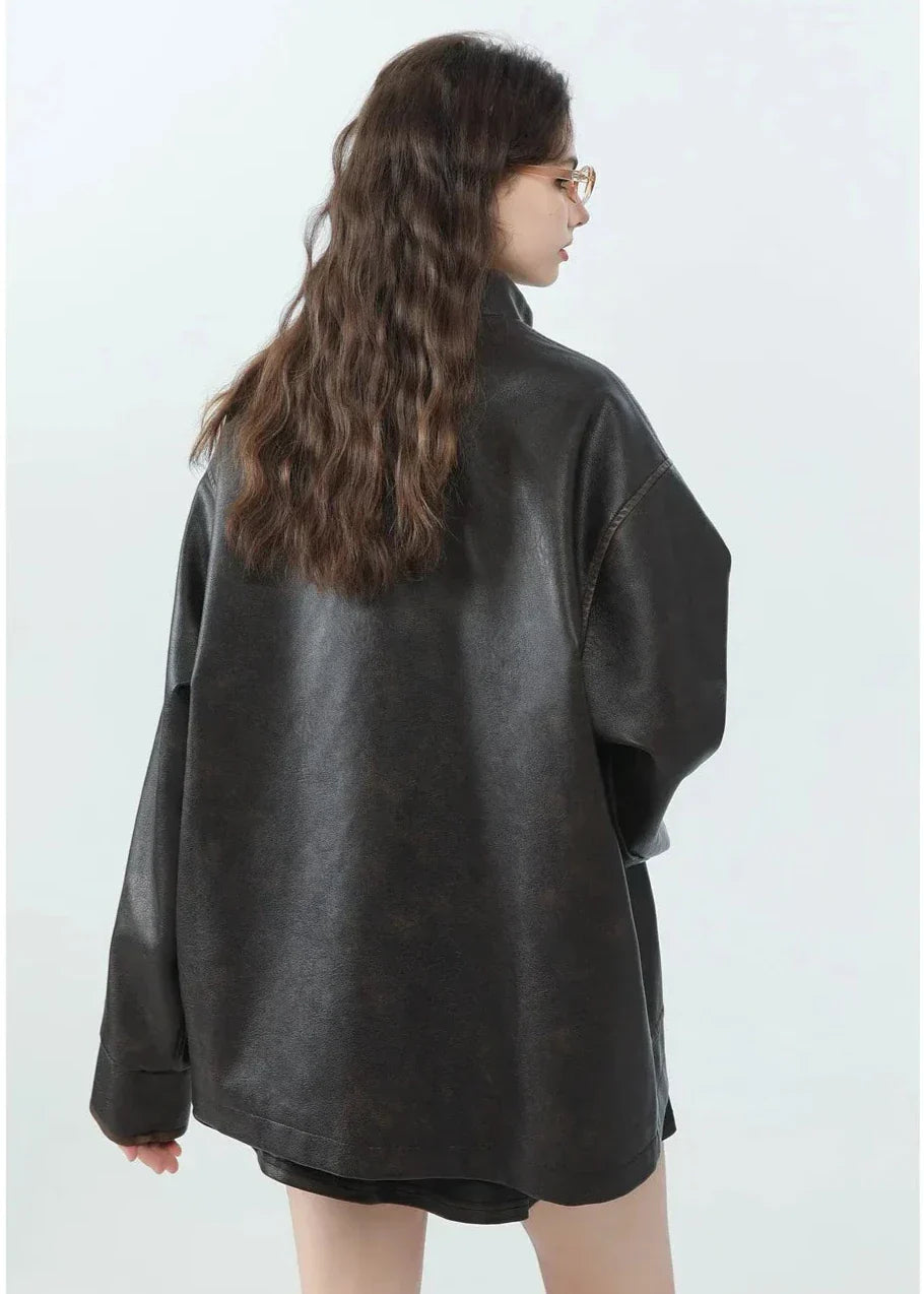 WW | Lässige PU-Lederjacke mit Stehkragen