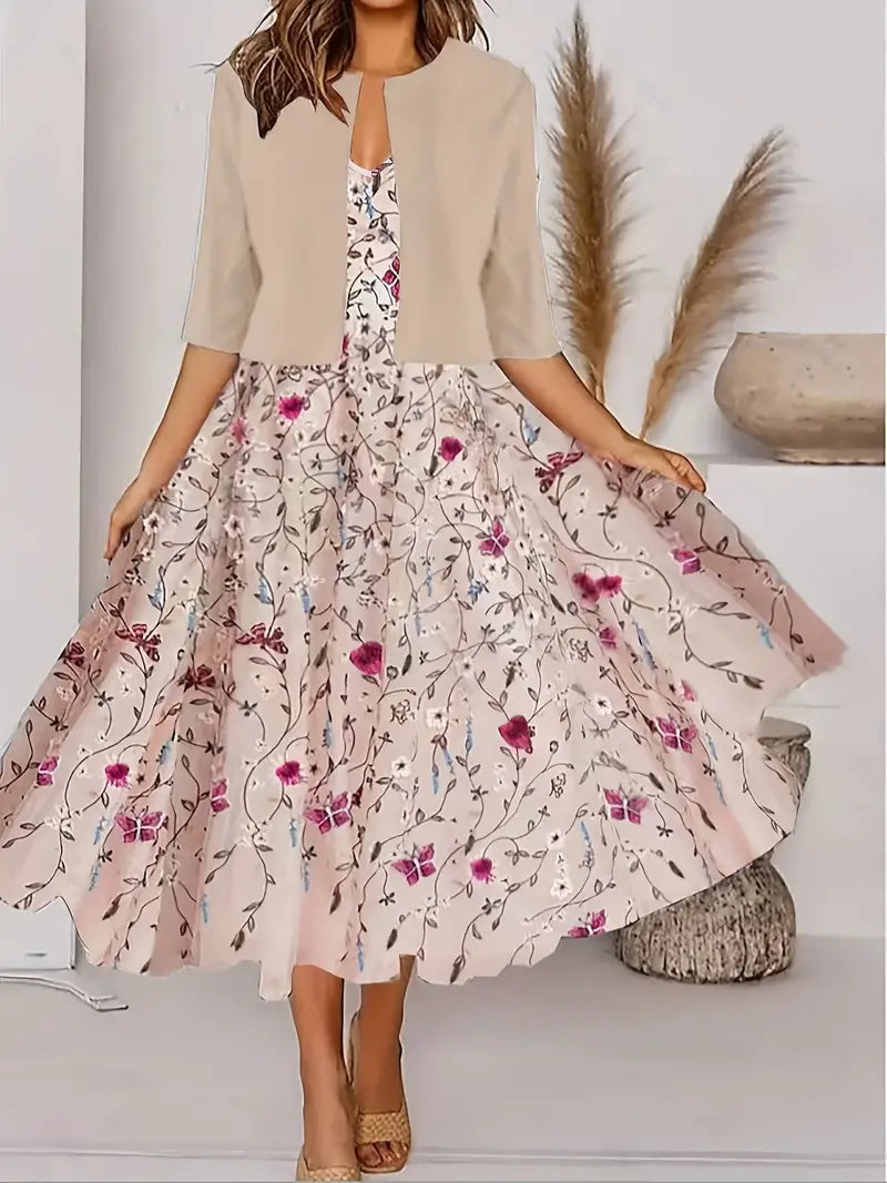 WW | Geteilter Kleid mit V-Ausschnitt und Ärmellose Oberteil mit Blumenmuster