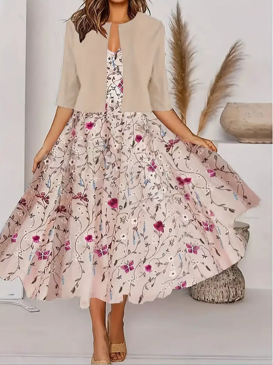WW | Geteilter Kleid mit V-Ausschnitt und Ärmellose Oberteil mit Blumenmuster