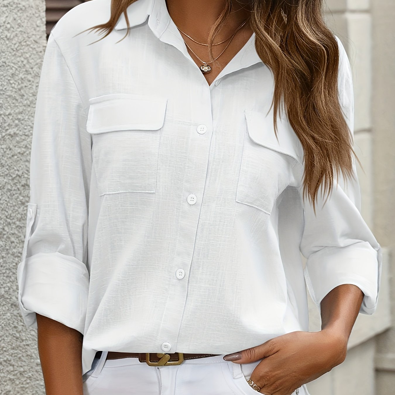 WW | Elegant Women's Cotton Blouse with Pockets and Long Sleeves