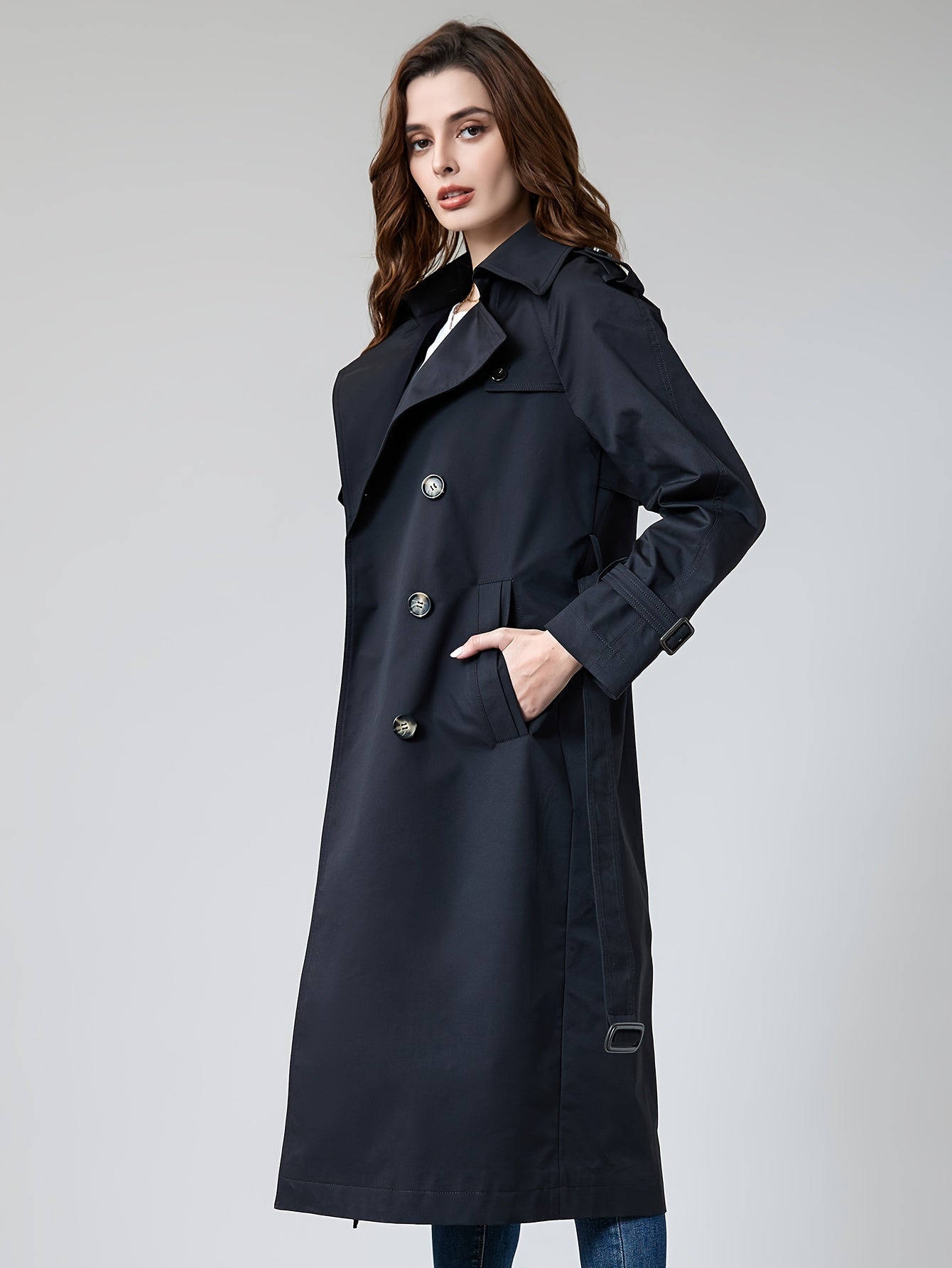 WW | Women's Plain Woven Polyester Trench Coat with Pockets - Ideal for Any Occasion