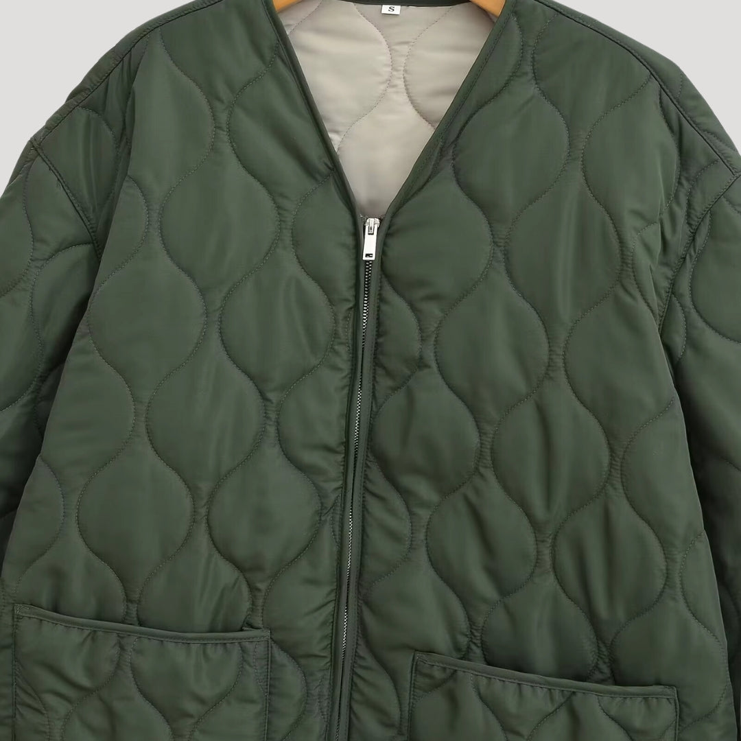 WW | Damen gesteppte oversized grüne Fleece Zip-Up Jacke