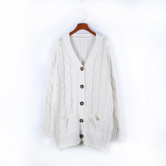 WW | Women's Cable Knit Cardigan with Wooden Buttons, Loose Fit