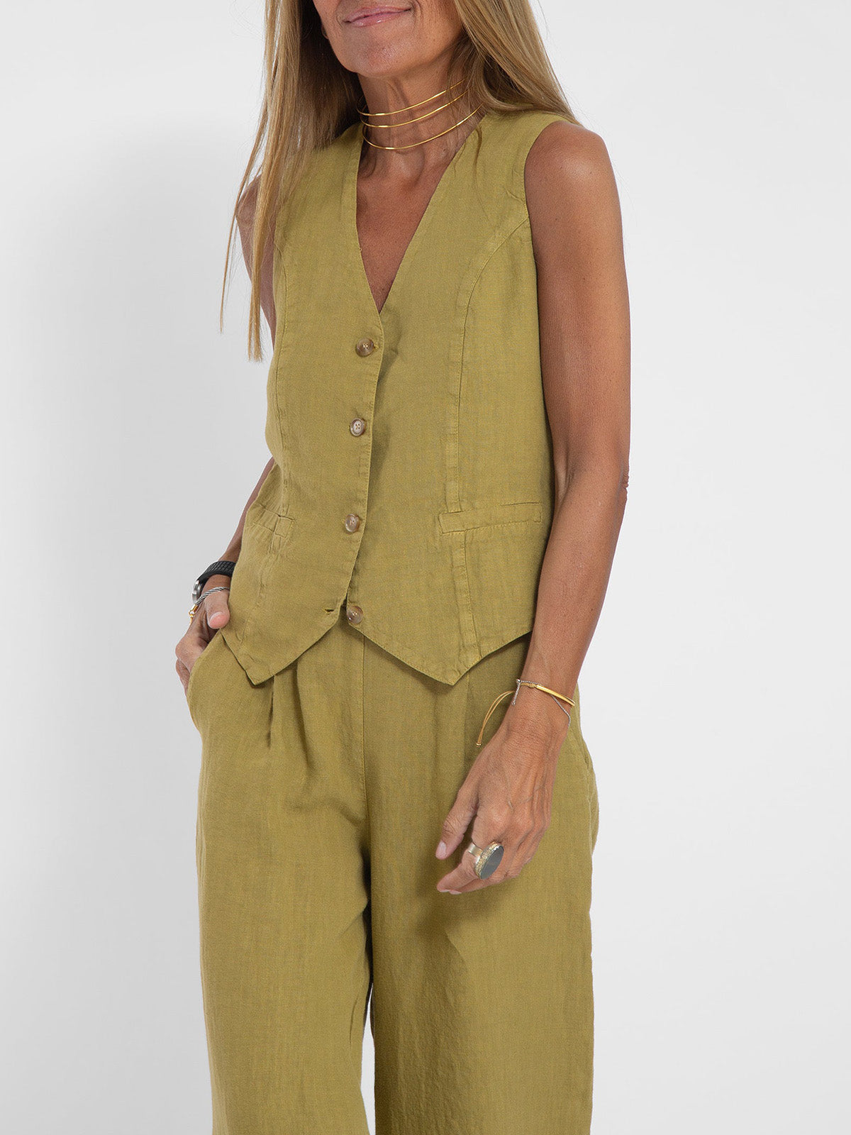 WW | Knopf-Weste & Weit Geschnittene Hose Set
