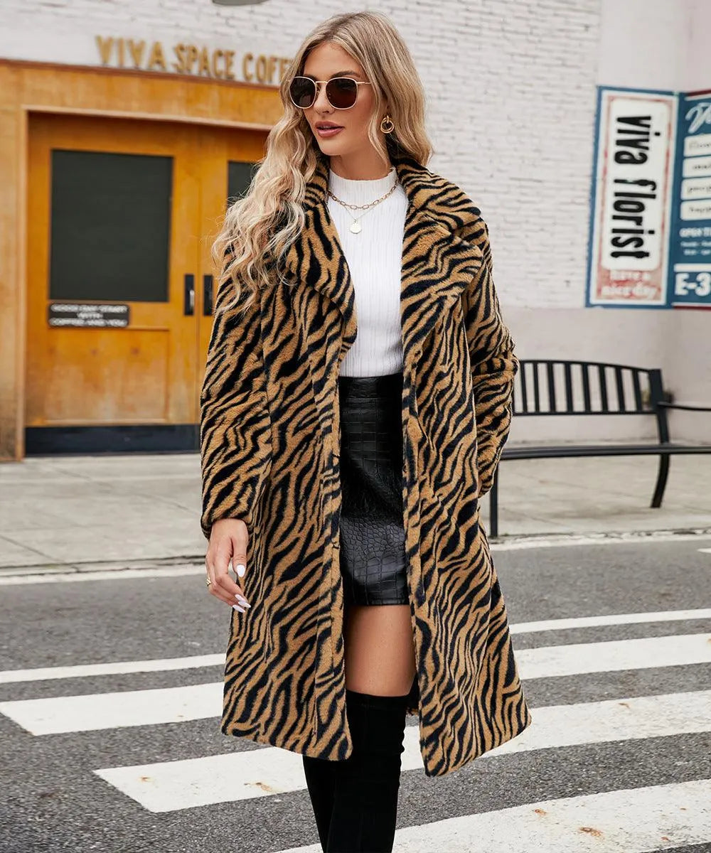WW | Long Plush Coat with Zebra Pattern