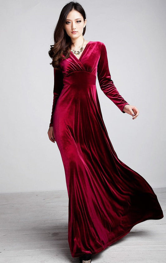 WW | Women's Velvet Wrap Top V-Neck Floor Length Long Sleeve