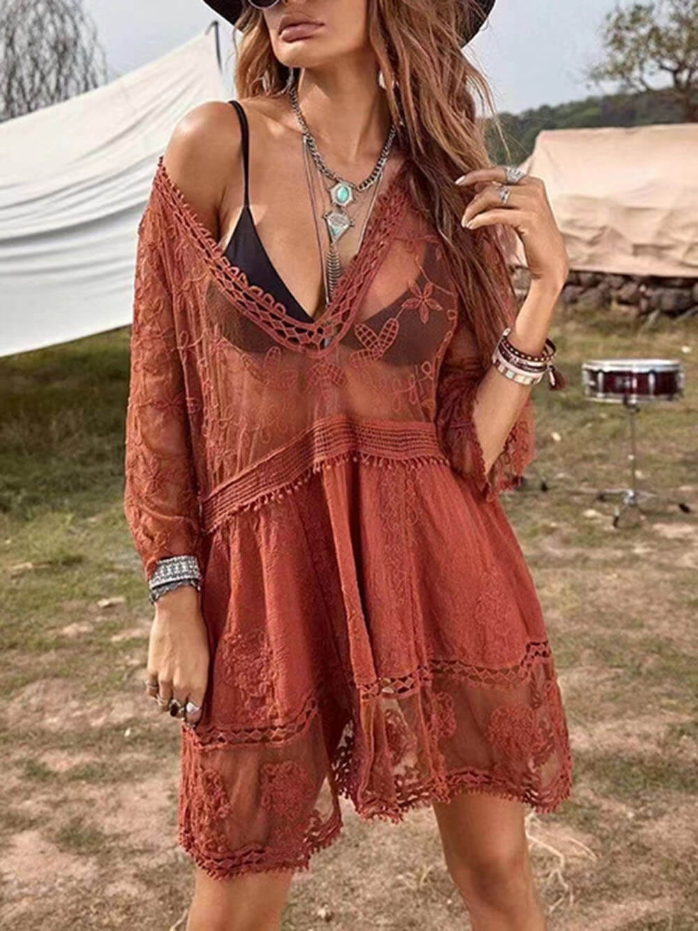 Loose lace beach dress as a bikini cover-up for that vacation feeling