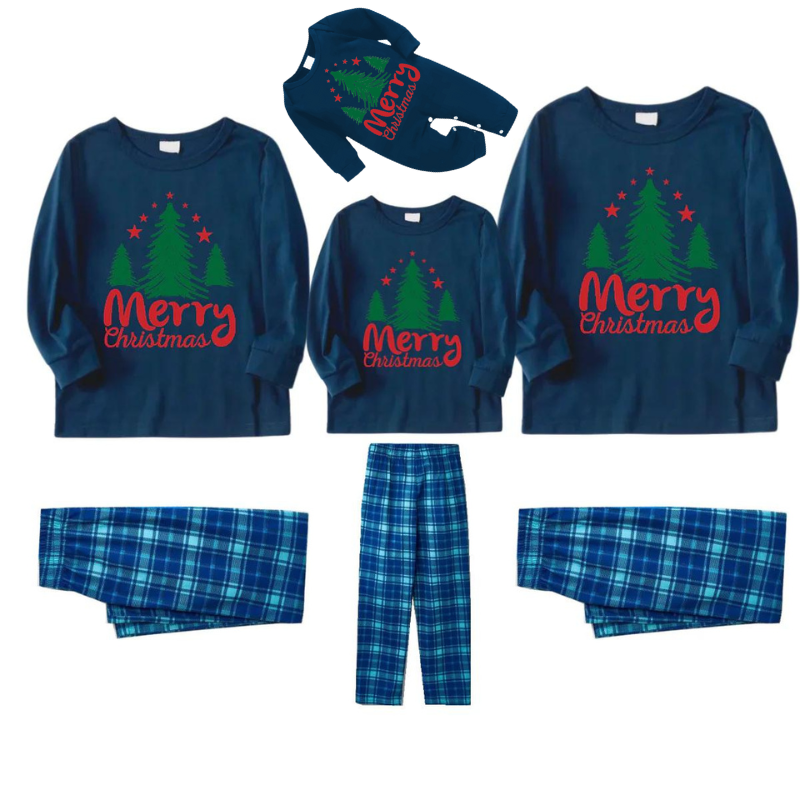 WW | Merry Christmas Letter & Tree Print Blue Long Sleeve Top and Blue & White Plaid Pants Family Matching Pajamas