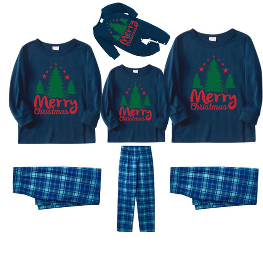 WW | Merry Christmas Letter & Tree Print Blue Long Sleeve Top and Blue & White Plaid Pants Family Matching Pajamas
