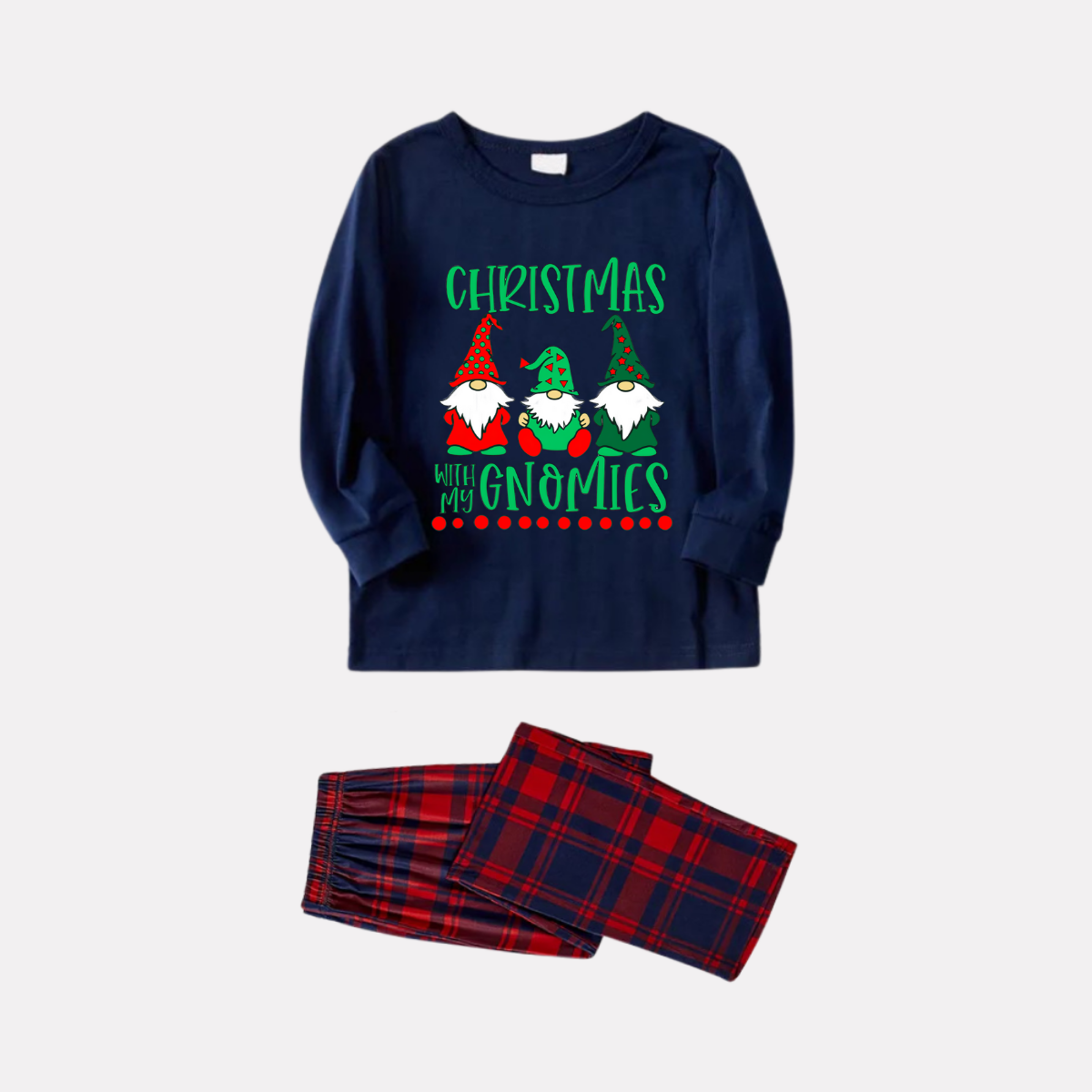 WW | Navy and Red Plaid Christmas Pajama Set with "Christmas with My Gnomies" Text Print