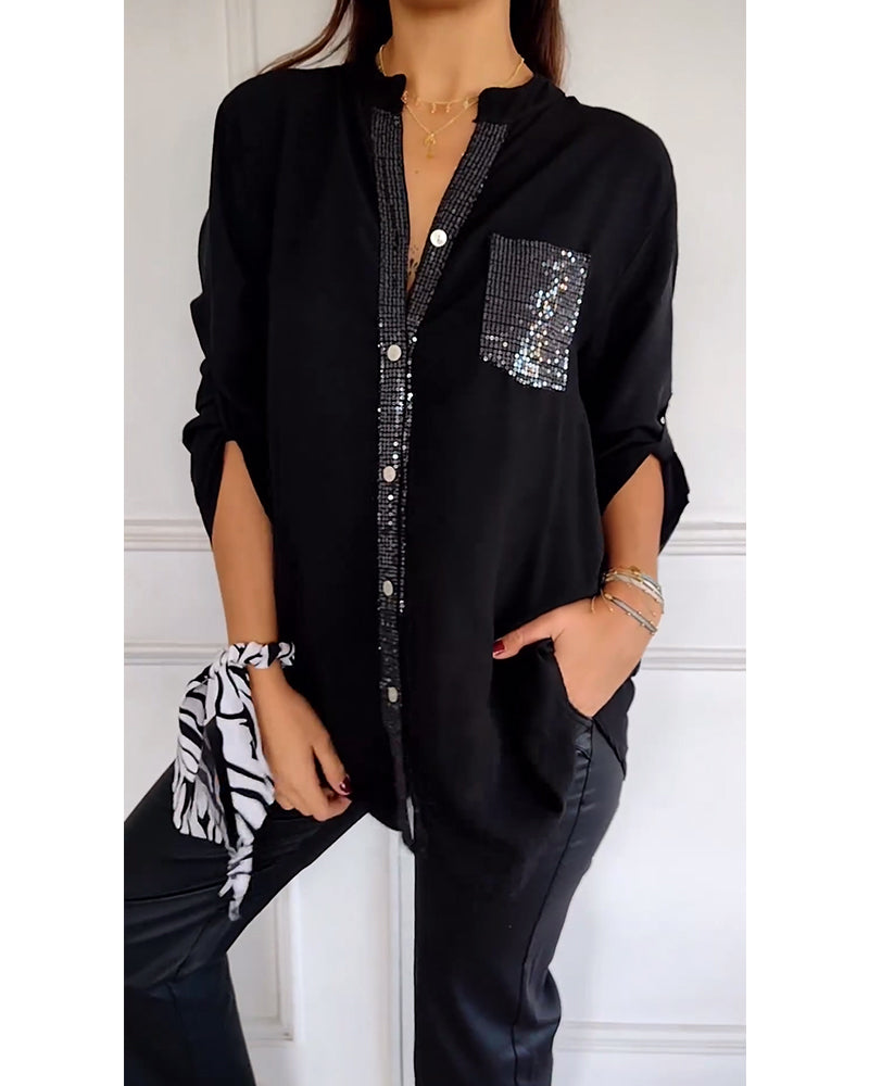 WW - Chic Blouse with Button Placket and Sequin Trim for Women | Elegant Long-Sleeved Blouse with Sequin Pocket