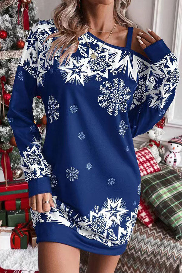 WW | Weihnachts-Schneeflocke Kalt-Schulter Lockeres Sweatshirt Mini Kleid